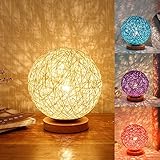 LED Nachttischlampe Sphärische Kugellampe, Holz Rattan LED Tischlampe mit Fernbedienung,...