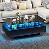 YITAHOME Couchtisch Schwarz, Wohnzimmertisch Hochglanz mit 16-Farbiger LED Beleuchtung...